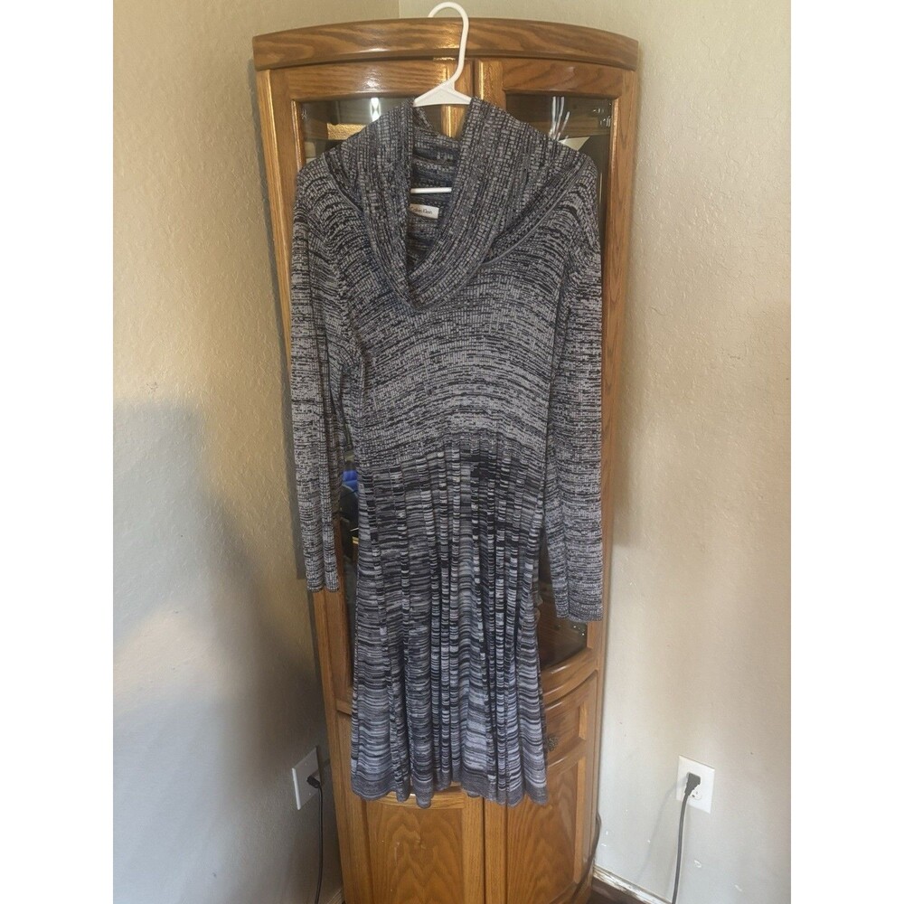 Calvin Klein Womens Sweater Dress Cowl Neck Long Sleeve Gray Black Knit